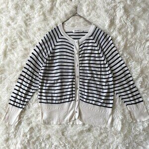 Dessin Border Knit Cardigan Rayon Blend White/ Navy